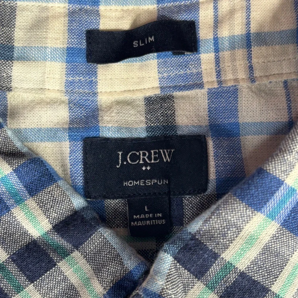 J.Crew shirt Mens L Blue Plaid Slim Fit Homespun Cotton C8198 Long Sleeve
